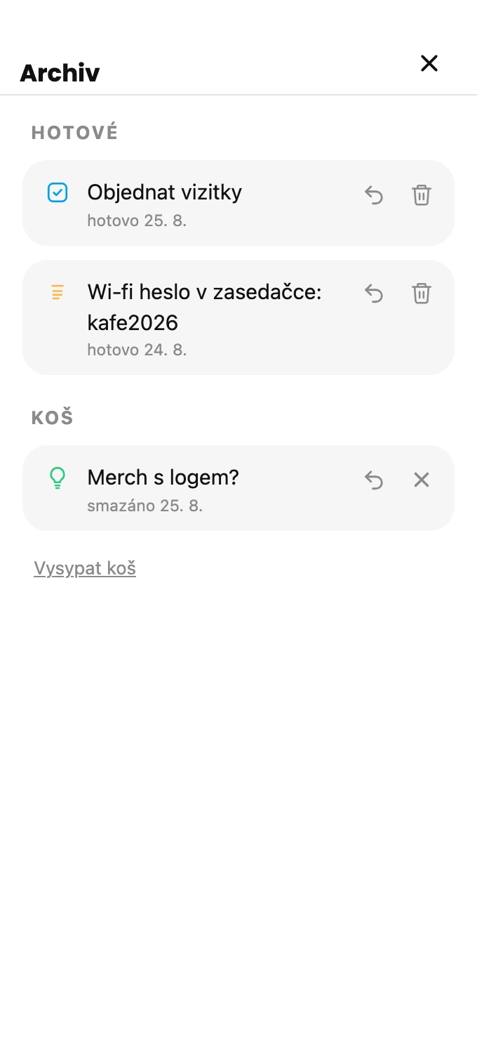 Archiv a koš v QuickNotes