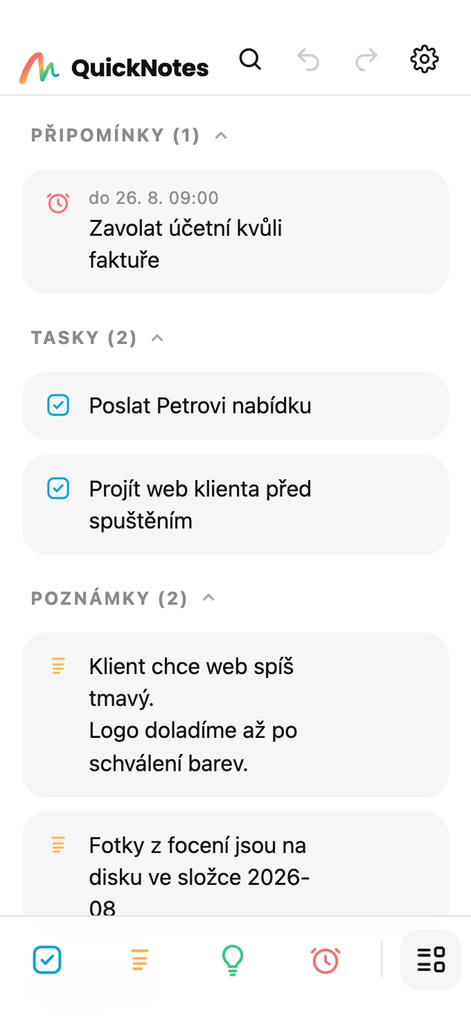 Záznamy QuickNotes seskupené podle typu